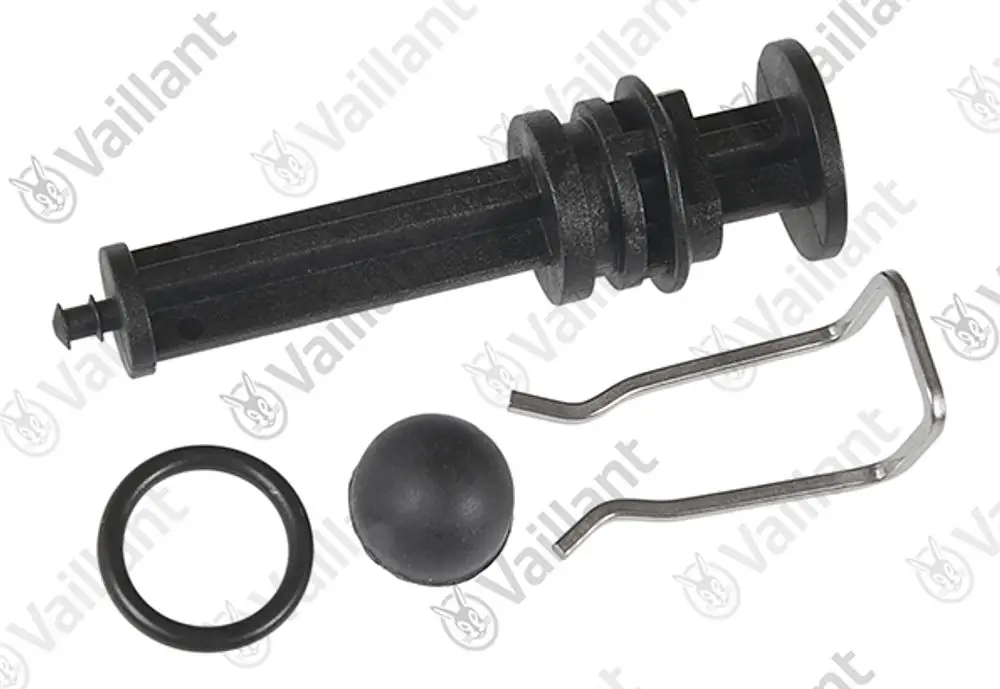 Vaillant Ersatzteil-Set bestehend aus einem Stopfen, einer Kugel, einem O-Ring und einer Halterung, alle in Schwarz.